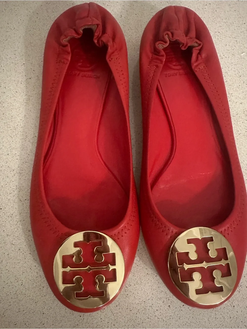 Tory Burch Reva Red Leather Logo Ballet Flats